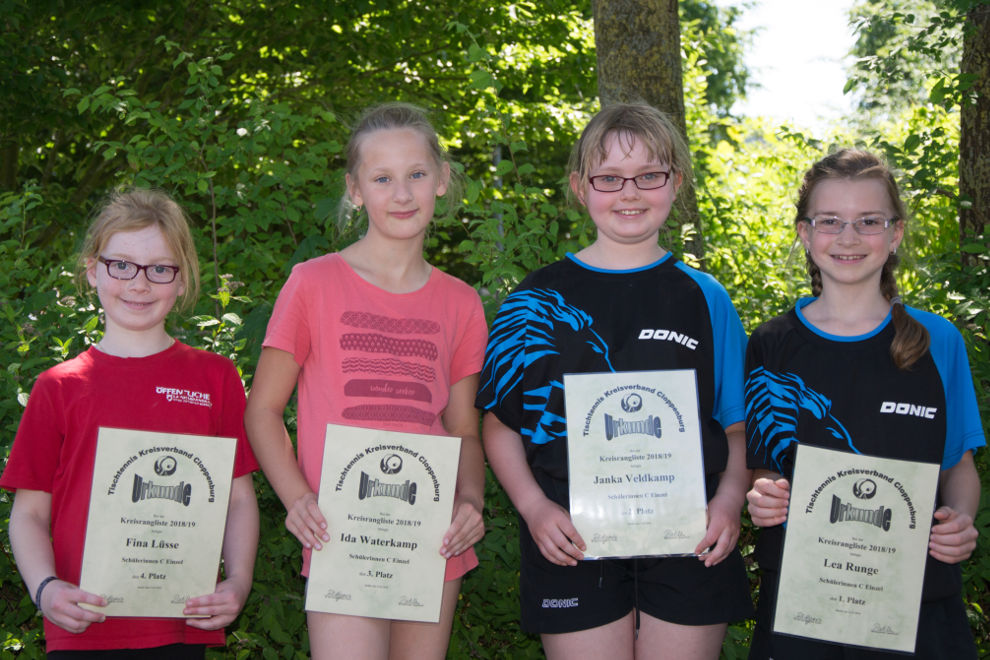 Finna Lüsse (4. Platz), Ida Waterkamp (3. Platz), Janka Veldkamp (2. Platz) und Lea Runge (1. Platz) :: TT-Kreisrangliste 2018 Schülerinnen C