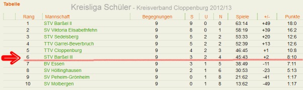 Guter sechster Platz für die 3. Schülermannschaft vom STV Barßel in der Tischtennis-Kreisliga vom Kreisverband Cloppenburg 2012/13.